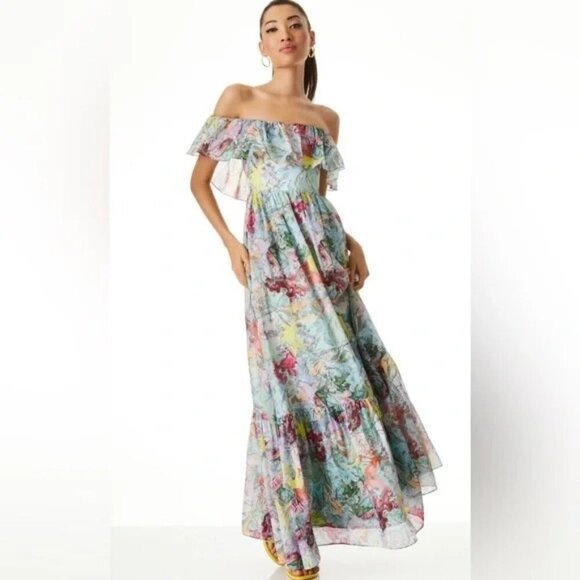 NWT ALICE + OLIVIA X Lola Schnabel Tempie Ruffle Off Shoulder Maxi Dress Size 2 - Picture 2 of 10